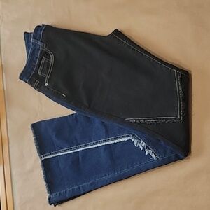 SHEIN Size L Half Black, Half Blue Flare Leg with Frayed Detailing Jeans, EUC